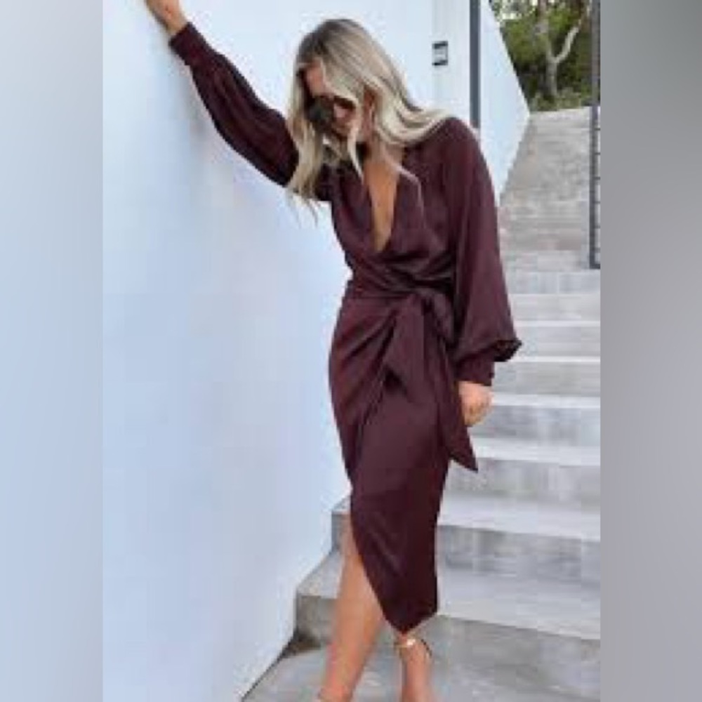 Brown Long sleeve wrap dress